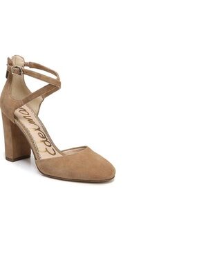 Sam Edelman Tan Suede Crisscross Ankle-Strap Block Heel Pump